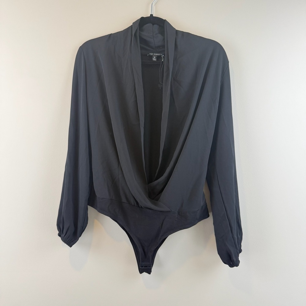 Our Heritage Bodysuit Womens Medium Minimalist Chic Draped Surplice Long Sleeve
